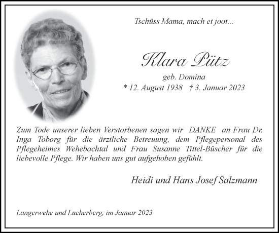 Traueranzeige von Klara Pütz von Zeitung am Sonntag