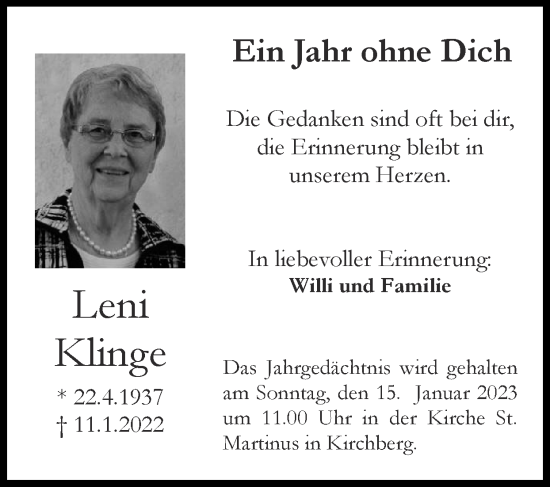 Traueranzeige von Leni Klinge von Zeitung am Sonntag