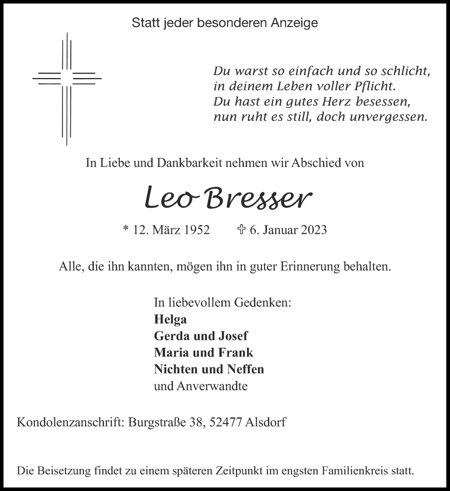  Traueranzeige für Leo Bresser vom 14.01.2023 aus Aachener Zeitung / Aachener Nachrichten