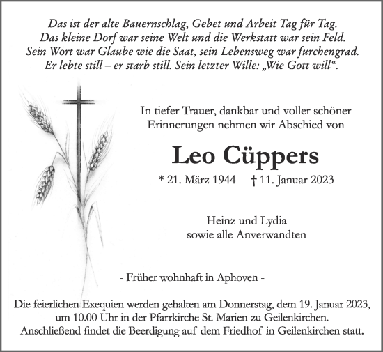Traueranzeige von Leo Cüppers von Zeitung am Sonntag