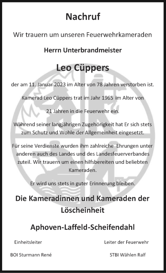 Traueranzeige von Leo Cüppers von Zeitung am Sonntag