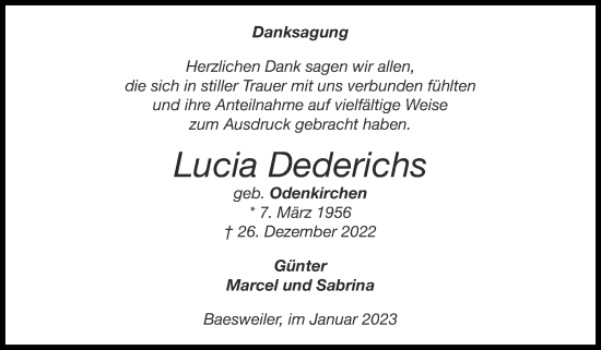 Traueranzeige von Lucia Dederichs von Zeitung am Sonntag