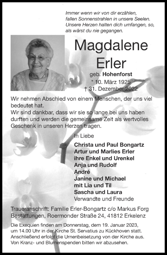 Traueranzeige von Magdalene Erler von Zeitung am Sonntag