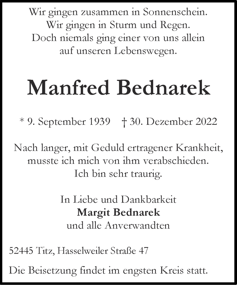  Traueranzeige für Manfred Bednarek vom 08.01.2023 aus Zeitung am Sonntag