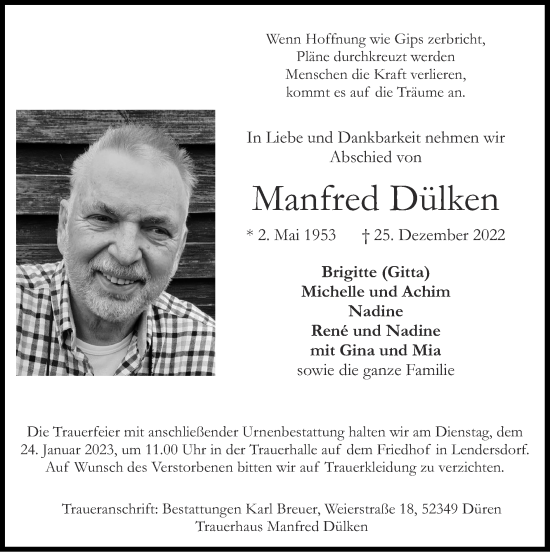 Traueranzeige von Manfred Dülken von Zeitung am Sonntag