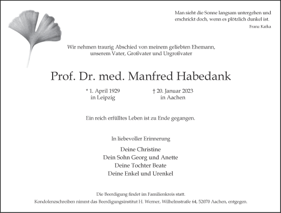 Traueranzeige von Manfred Habedank von Aachener Zeitung / Aachener Nachrichten