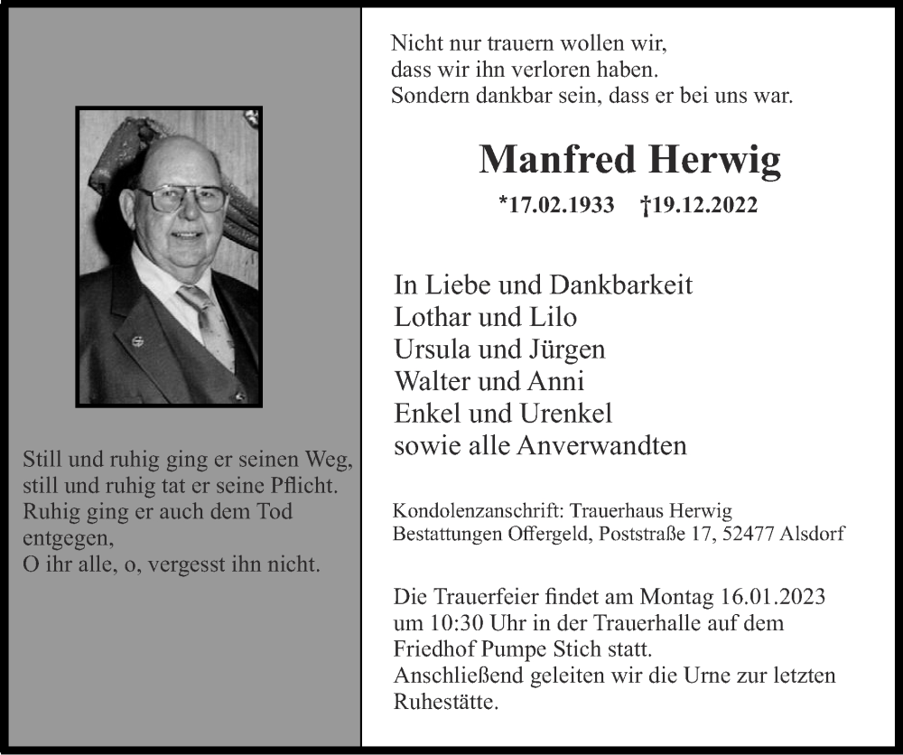  Traueranzeige für Manfred Herwig vom 08.01.2023 aus Zeitung am Sonntag