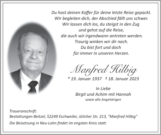 Traueranzeige von Manfred Hilbig von Zeitung am Sonntag