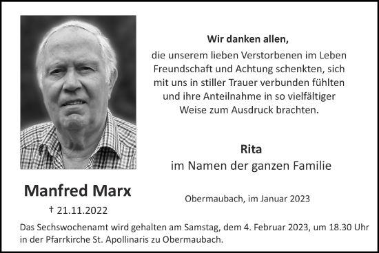 Traueranzeige von Manfred Marx von Zeitung am Sonntag