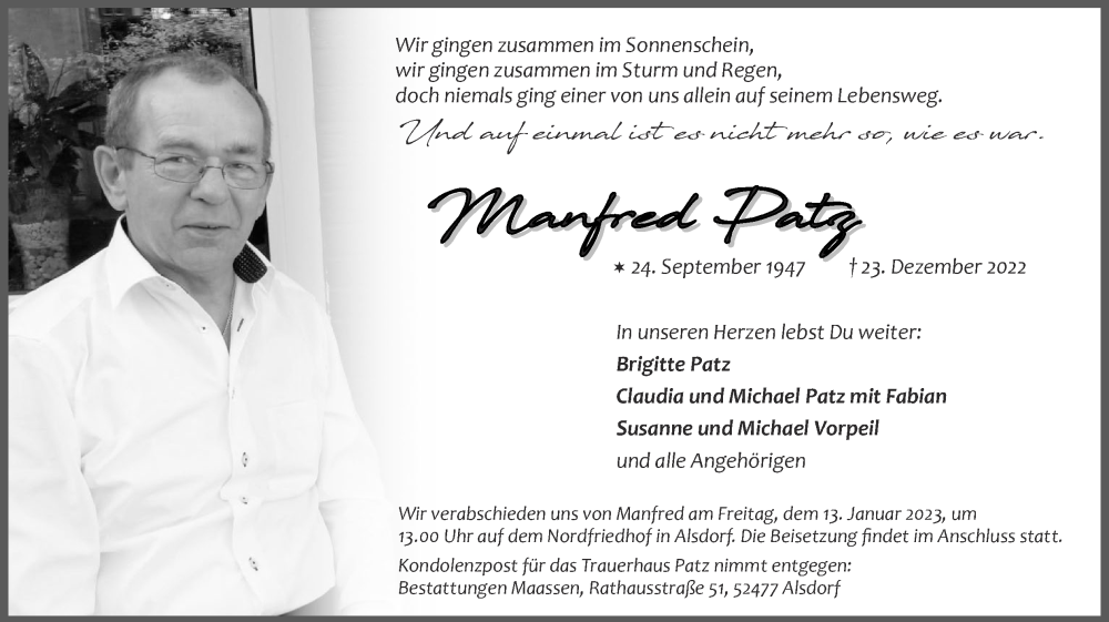  Traueranzeige für Manfred Pattz vom 08.01.2023 aus Zeitung am Sonntag