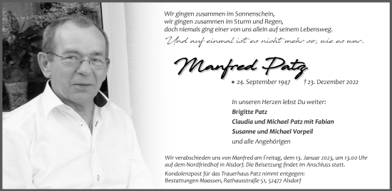 Traueranzeige von Manfred Patz von Aachener Zeitung / Aachener Nachrichten