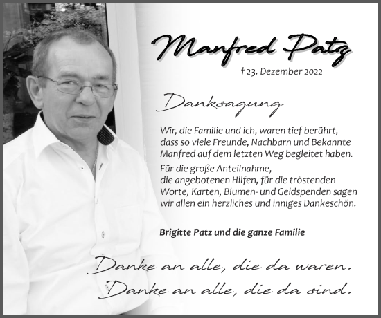 Traueranzeige von Manfred Patz von Zeitung am Sonntag