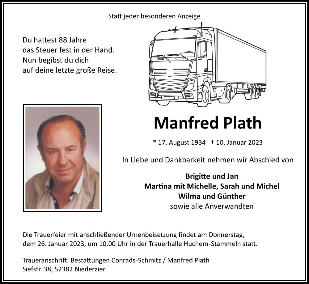  Traueranzeige für Manfred Plath vom 22.01.2023 aus Zeitung am Sonntag