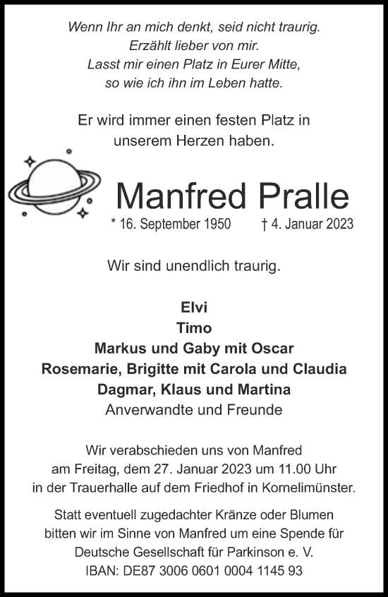 Traueranzeige von Manfred Pralle von Aachener Zeitung / Aachener Nachrichten