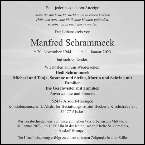 Traueranzeige von Manfred Schrammeck von Zeitung am Sonntag