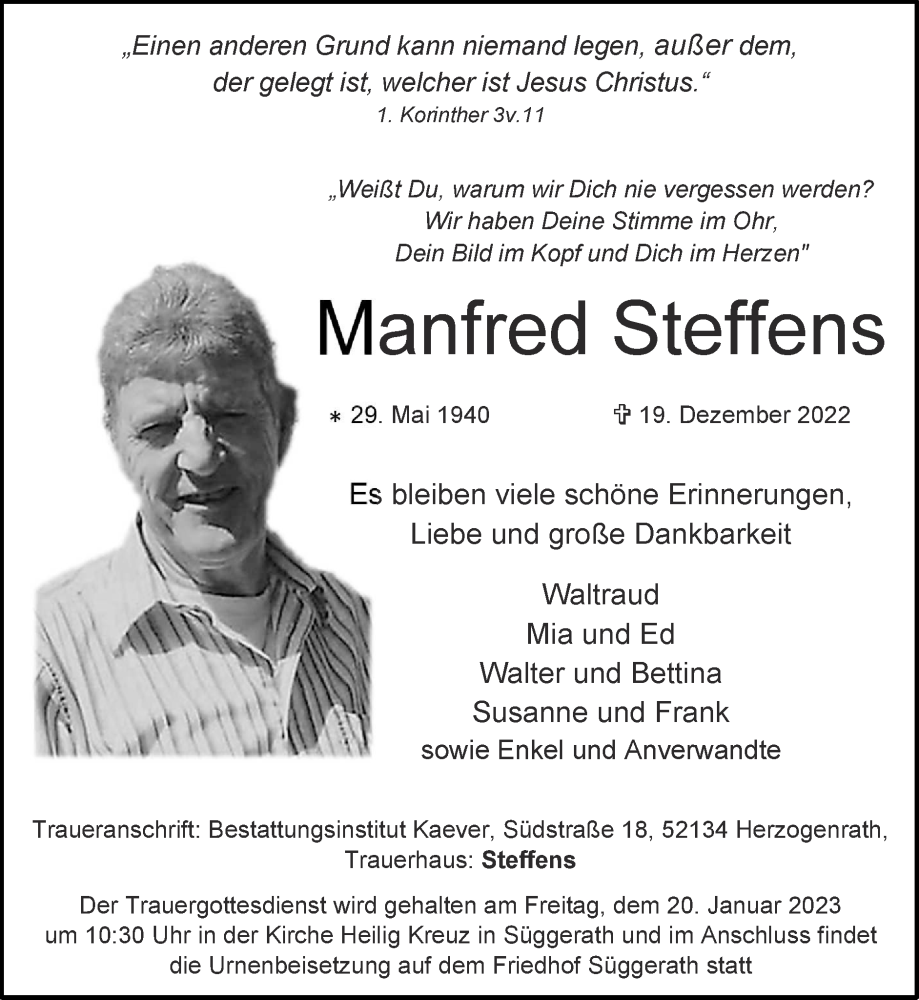  Traueranzeige für Manfred Steffens vom 15.01.2023 aus Zeitung am Sonntag