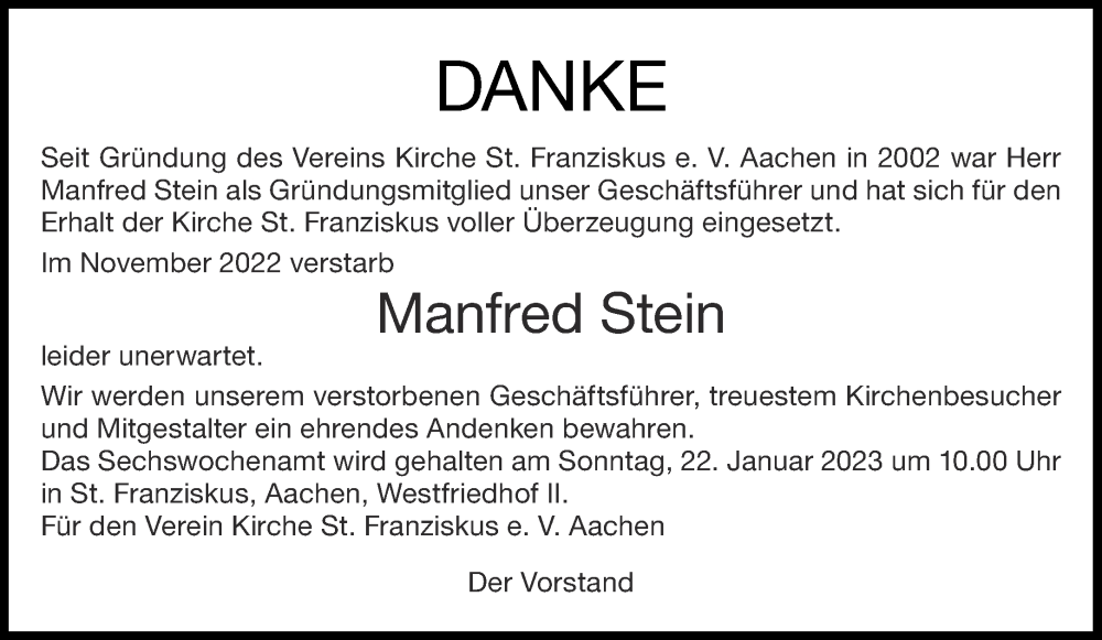  Traueranzeige für Manfred Stein vom 14.01.2023 aus Aachener Zeitung / Aachener Nachrichten