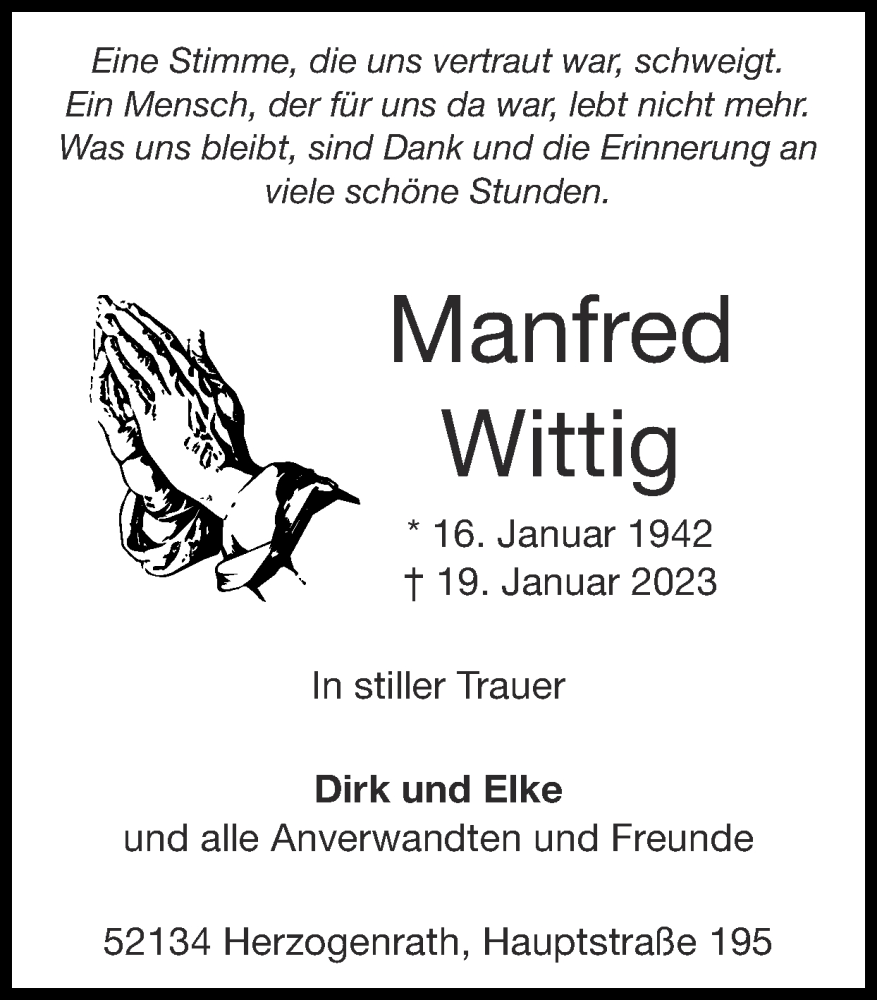  Traueranzeige für Manfred Wittig vom 29.01.2023 aus Zeitung am Sonntag
