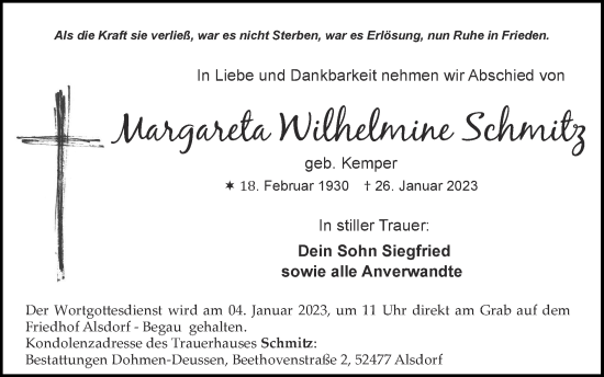 Traueranzeige von Margareta Wilhelmine Schmitz von Zeitung am Sonntag