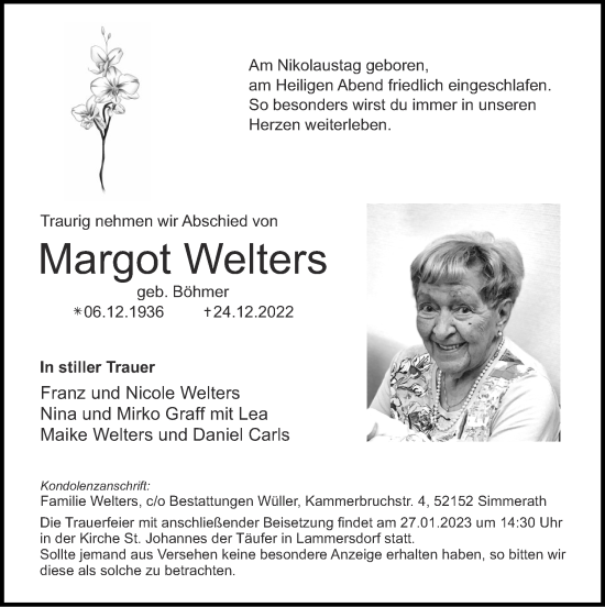 Traueranzeige von Margot Welters von Zeitung am Sonntag