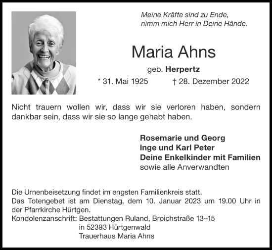 Traueranzeige von Maria Ahns von Zeitung am Sonntag