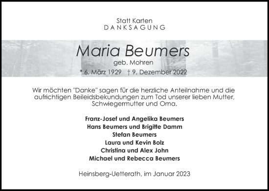 Traueranzeige von Maria Beumers von Zeitung am Sonntag