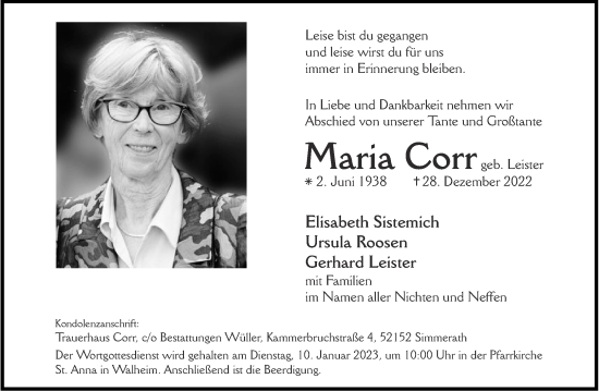 Traueranzeige von Maria Corr von Aachener Zeitung / Aachener Nachrichten