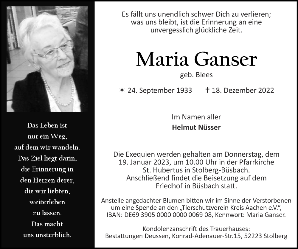 Traueranzeigen von Maria Ganser Aachen gedenkt