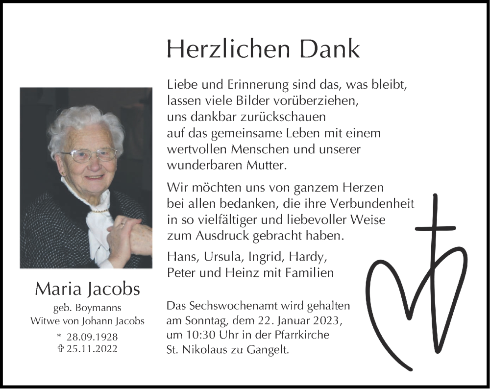  Traueranzeige für Maria Jacobs vom 08.01.2023 aus Zeitung am Sonntag