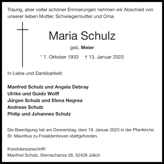Traueranzeige von Maria Schulz von Zeitung am Sonntag