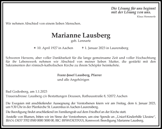 Traueranzeige von Marianne Lausberg von Aachener Zeitung / Aachener Nachrichten