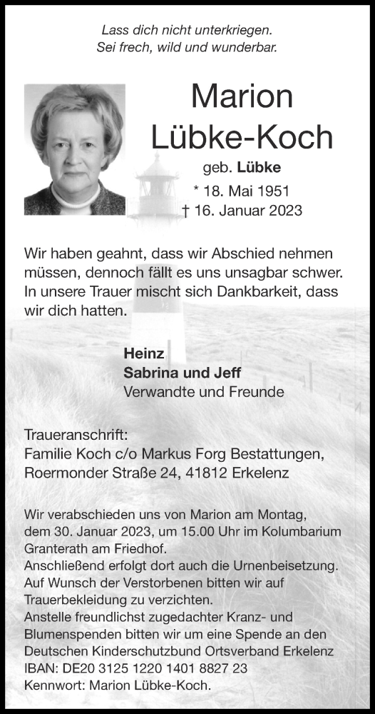 Traueranzeige von Marion Lübke-Koch von Zeitung am Sonntag