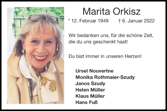 Traueranzeige von Marita Orkisz von Zeitung am Sonntag