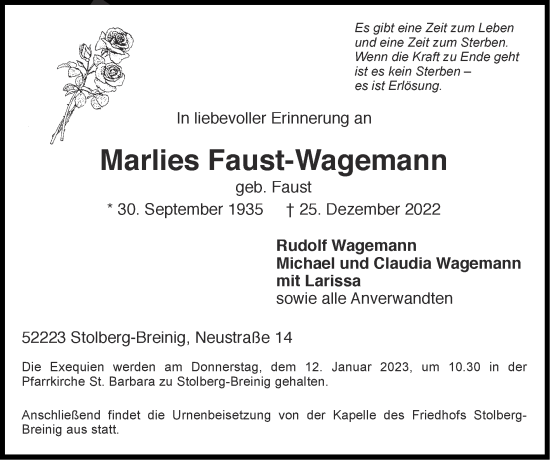 Traueranzeige von Marlies Faust-Wagemann von Zeitung am Sonntag