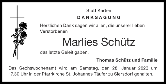 Traueranzeige von Marlies Schütz von Zeitung am Sonntag