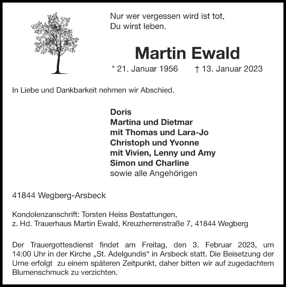  Traueranzeige für Martin Ewald vom 22.01.2023 aus Zeitung am Sonntag