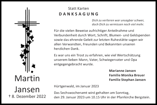 Traueranzeige von Martin Jansen von Zeitung am Sonntag