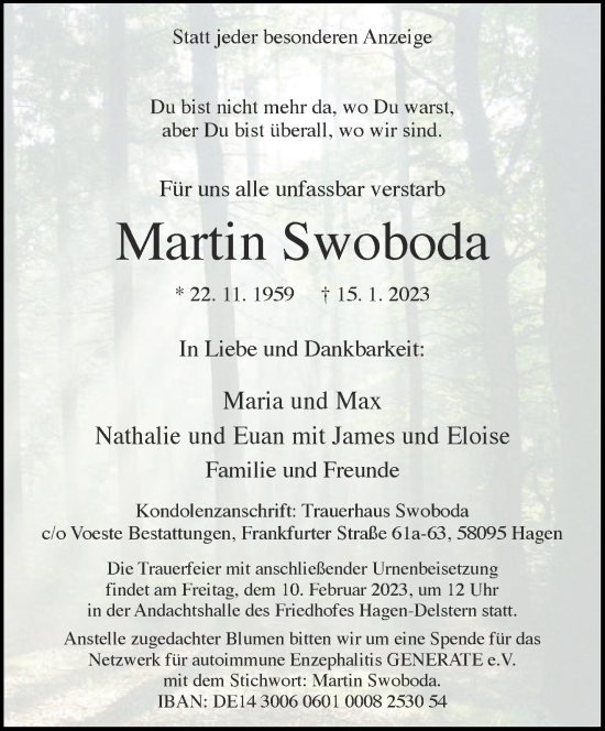 Traueranzeige von Martin Swoboda von Aachener Zeitung / Aachener Nachrichten