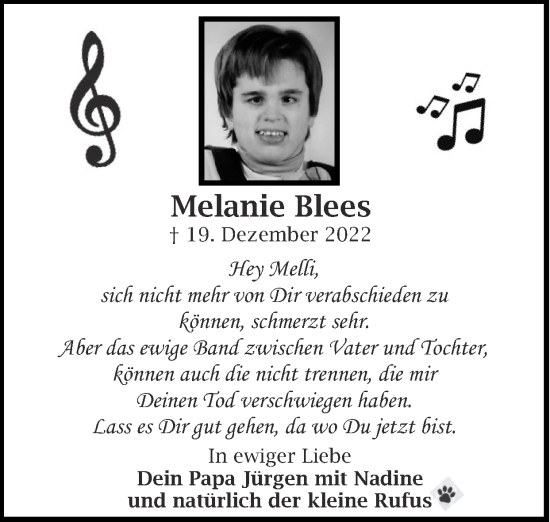 Traueranzeige von Melanie Blees von Zeitung am Sonntag