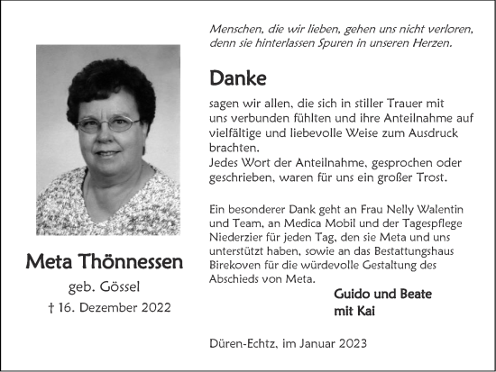 Traueranzeige von Meta Thönnessen von Zeitung am Sonntag