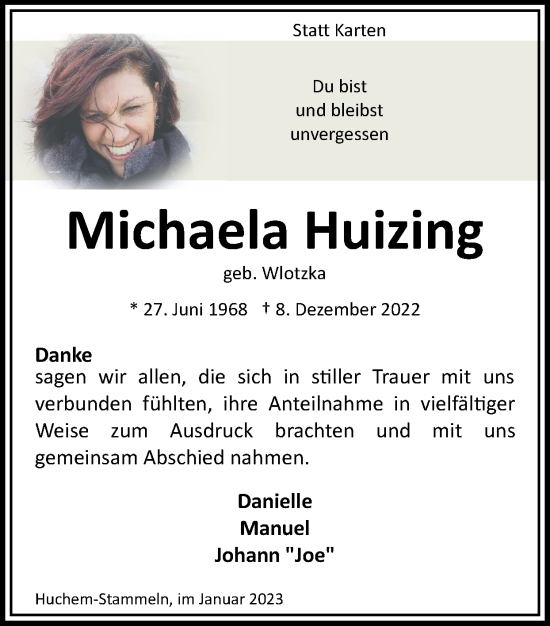 Traueranzeige von Michaela Huizing von Zeitung am Sonntag