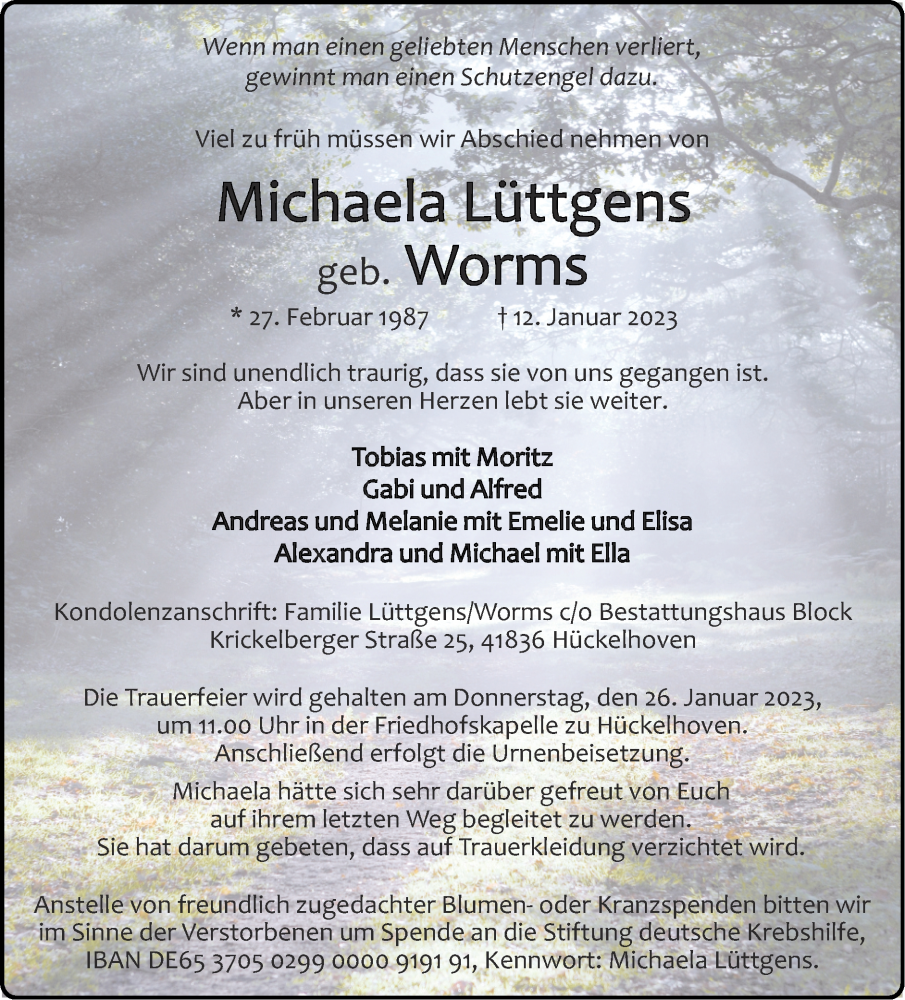  Traueranzeige für Michaela Lüttgens vom 22.01.2023 aus Zeitung am Sonntag