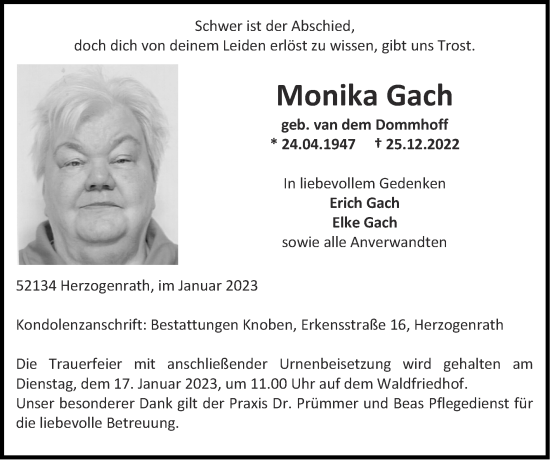 Traueranzeige von Monika Gach von Zeitung am Sonntag
