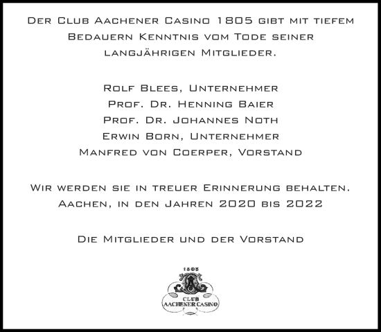 Traueranzeige von Nachruf Club Aachener Casino 1805 von Aachener Zeitung / Aachener Nachrichten