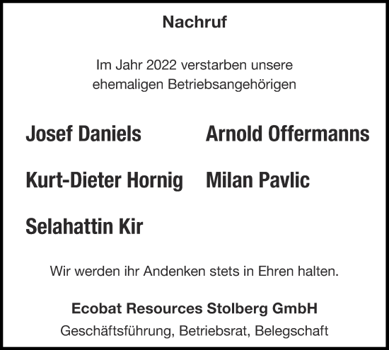 Traueranzeige von Nachruf Ecobat Resources Stolberg GmbH von Aachener Zeitung / Aachener Nachrichten