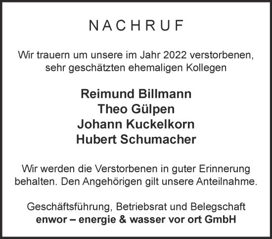 Traueranzeige von Nachruf enwor-energie  wasser vor ort GmbH von Aachener Zeitung / Aachener Nachrichten