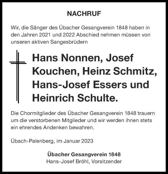 Traueranzeige von Nachruf Übacher Gesangverein 1848 von Zeitung am Sonntag