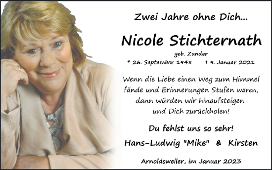 Traueranzeige von Nicole Stichternath von Zeitung am Sonntag