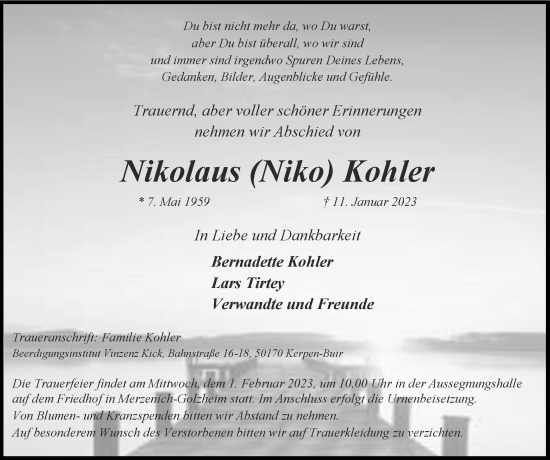 Traueranzeige von Nikolaus Kohler von Zeitung am Sonntag