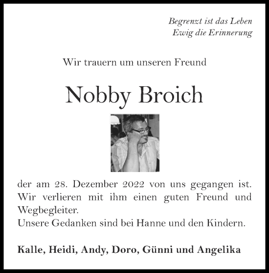 Traueranzeige von Nobby Broich von Zeitung am Sonntag